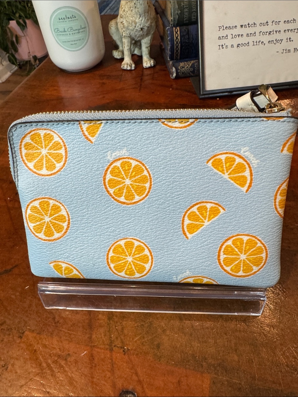 Coach Light Blue Wristlet with Orange Slice Print - Picture 4 of 13